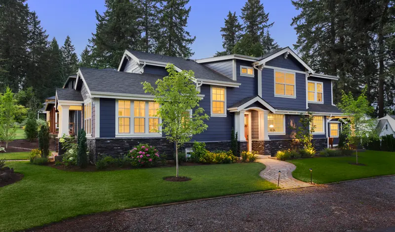 Blue exterior house paint on modern craftsman home