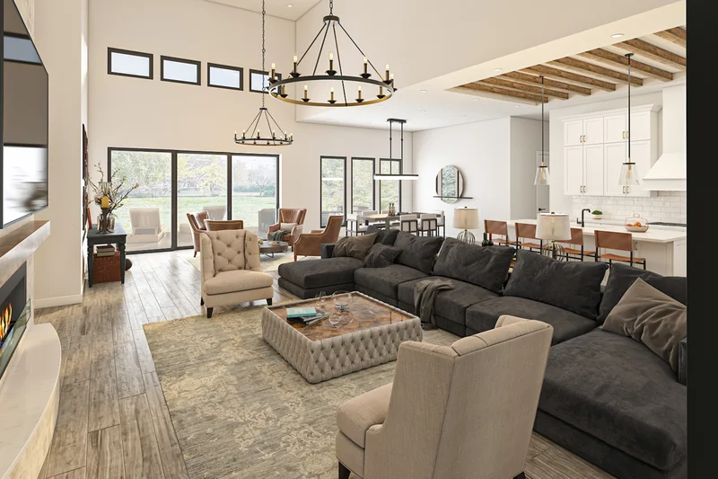 Bright open concept living space with custom interior wall painting.